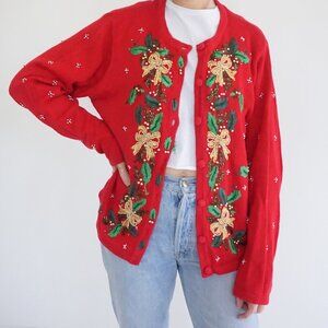 Vintage Victoria Jones Red Beaded Bow Holly Christmas Knit Cardigan Grandma M